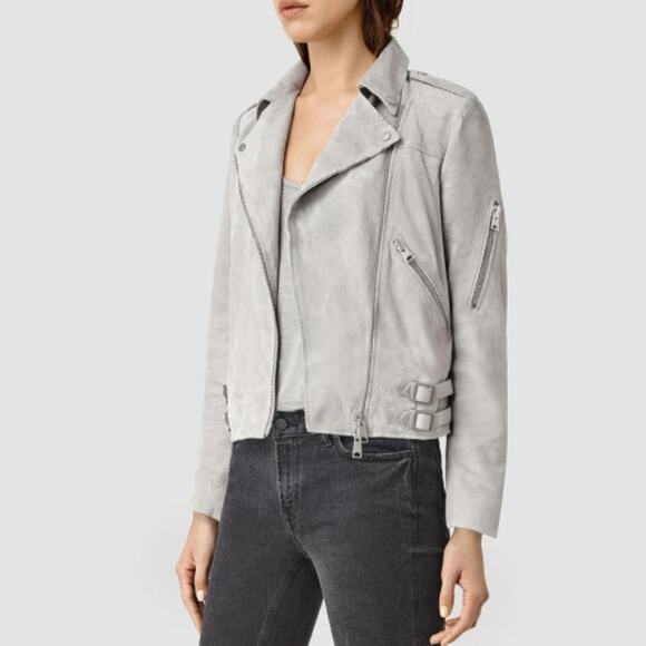 All Saints Latham Goatskin Leather Suede Biker Jacket in Grey, Size 0 - Picture 2 of 13